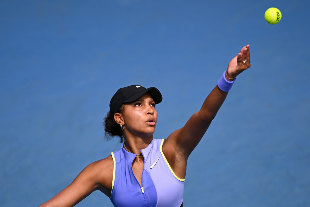 Thea Frodin of United States in action against Antonina Sushkova of Ukraine during the Girl's Singles third round match on day twelve of the 2026 Australian Open at Melbourne Park on January 29, 2026 in Melbourne, Australia.