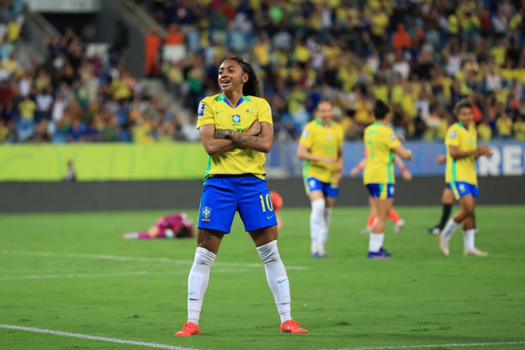 Kerolin of Brazil celebrates after scoring the team's fourth goal during the FIFA Series 2026 match between Brazil and Korea Republic at Arena Pantanal on April 11, 2026 in Cuiaba, Brazil.