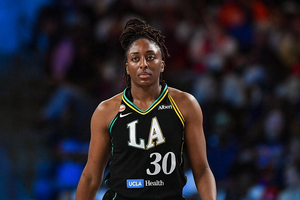 Los Angeles forward Nneka Ogwumike (30) reacts during the WNBA game between the Los Angeles Sparks and the Atlanta Dream.