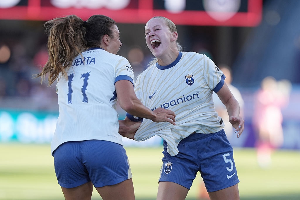 Maddie Dahlien #5 of Seattle Reign FC celebrates scoring her team's second goal with teammate Sofia Huerta #11 during the NWSL match between Bay FC and Seattle Reign at PayPal Park on August 01, 2026 in San Jose, California.
