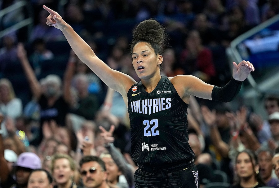 Veronica Burton #22 of the Golden State Valkyries reacts after making a three-point shot against the Toronto Tempo in the first half at Chase Center.