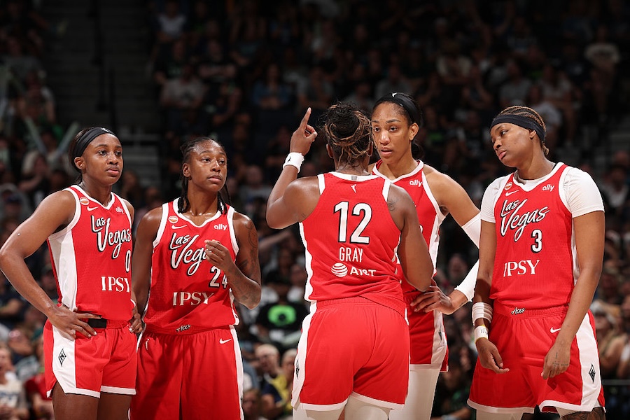 The Las Vegas Aces huddle up during the game against the Minnesota Lynx on August 8, 2026 at Target Center in Minneapolis, Minnesota.