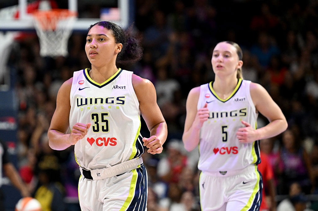 Paige Bueckers #5 and Azzi Fudd #35 of the Dallas Wings run down the court during the game against the Washington Mystics.