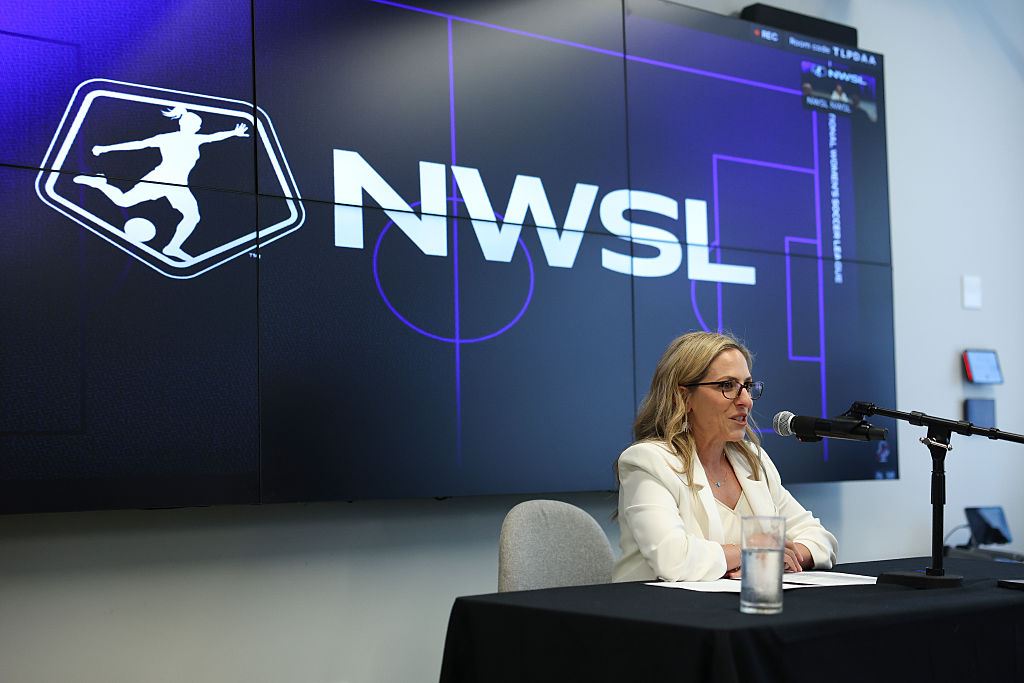 NWSL Commissioner Jessica Berman speaks during a press conference at the National Women's Soccer League's office on August 05, 2026 in New York, New York.