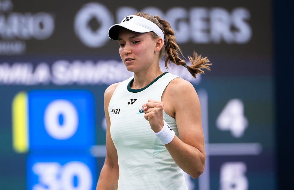 Elena Rybakina of Kazakhstan in action against Liudmila Samsonova in the fourth round on Day 8 of the National Bank Open at Sobeys Stadium.