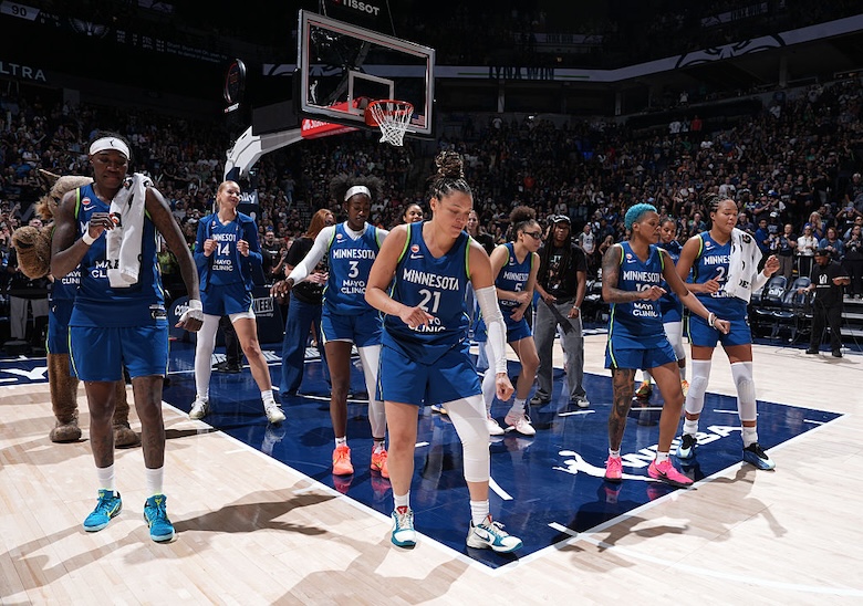 The Minnesota Lynx celebrates after the game Dallas Wings on August 9, 2026 at Target Center in Minneapolis, Minnesota.