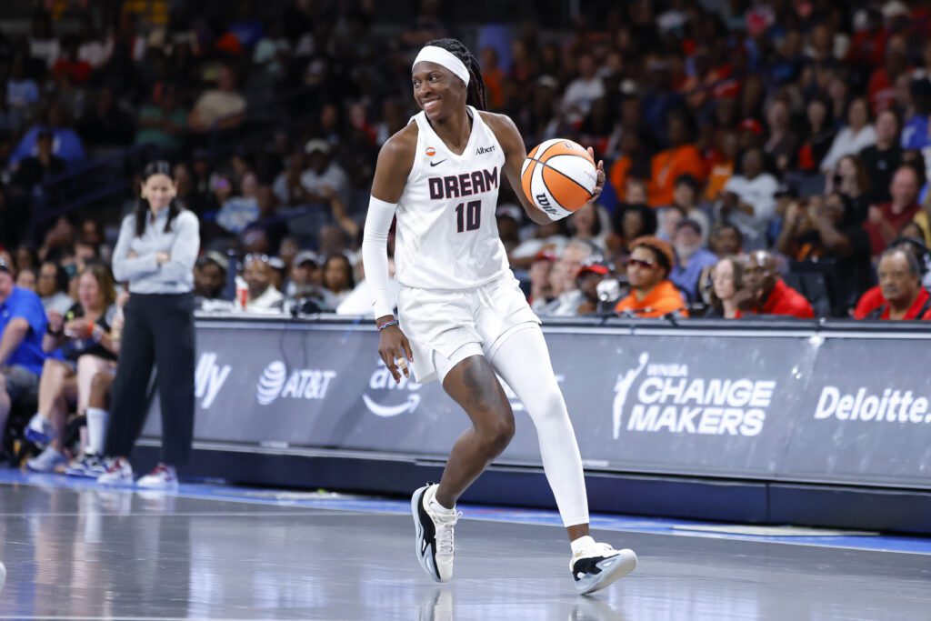 Rhyne Howard #10 of the Atlanta Dream sets up a shot during the third quarter against the Toronto Tempo at Gateway Center Arena on August 10, 2026 in College Park, Georgia.
