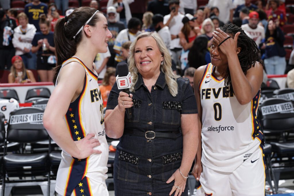 Caitlin Clark #22 of the Indiana Fever is interviewed by Holly Rowe after the game against the Chicago Sky on August 8, 2026 at the United Center in Chicago, IL.