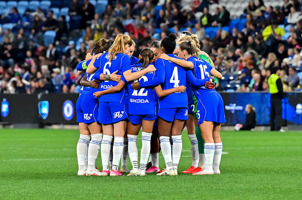 Players of Chelsea FC Women pose form a huddle before the match between Chelsea FC Women's and A-League Women's All-Stars at Allianz Stadium on August 12, 2026 in Sydney, Australia.