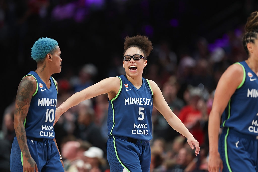 Olivia Miles #5 of the Minnesota Lynx reacts alongside Courtney Williams #10 during the fourth quarter against the Portland Fire at Moda Center on August 12, 2026 in Portland, Oregon.