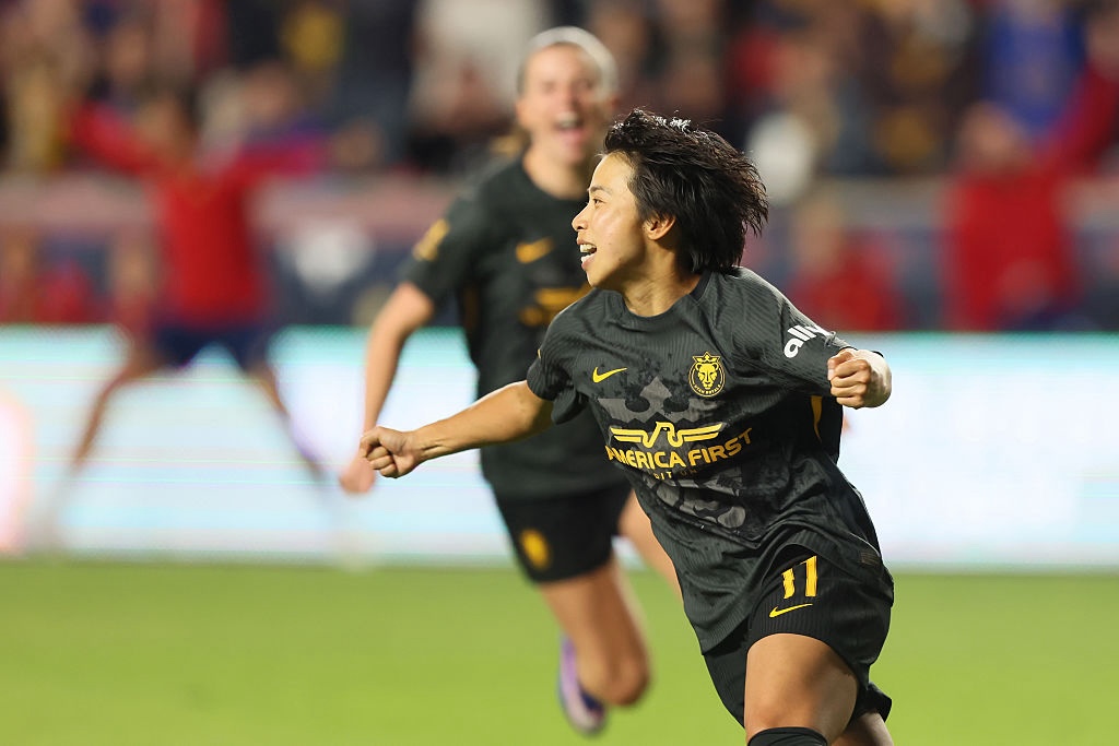 Mina Tanaka #11 of Utah Royals celebrates scoring the team's third goal during the NWSL match between Utah Royals an Bay FC at America First Field.