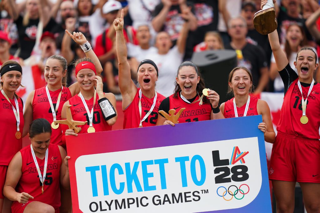 Players of Canada pose for a photograph after their sides victory in the Women's Final match between Canada and United States on day four of the IFAF World Flag Düsseldorf 2026 at Flag Football Komplex.