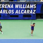 Serena Williams and Carlos Alcaraz warm up prior to a mixed doubles match during Fan Week as part of the 2026 US Open at USTA Billie Jean King National Tennis Center on Tuesday, August 25, 2026 in Flushing, NY.