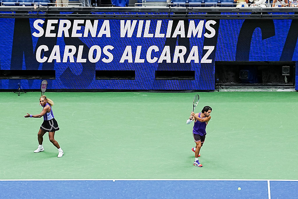 Serena Williams and Carlos Alcaraz warm up prior to a mixed doubles match during Fan Week as part of the 2026 US Open at USTA Billie Jean King National Tennis Center on Tuesday, August 25, 2026 in Flushing, NY.