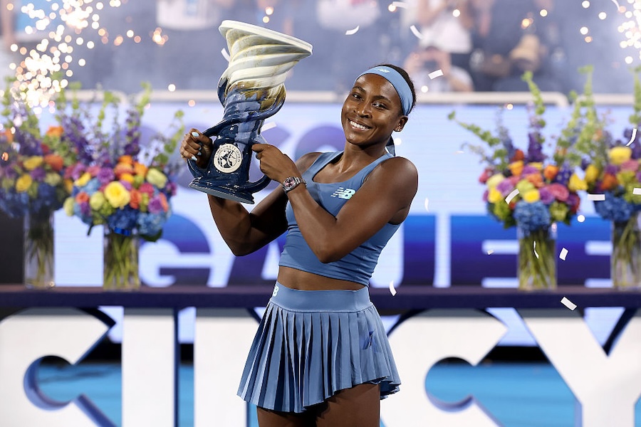 Coco Gauff of the United States celebrates with the Rookwood Cup after defeating Jessica Pegula of the United Staes during the Women's Final.