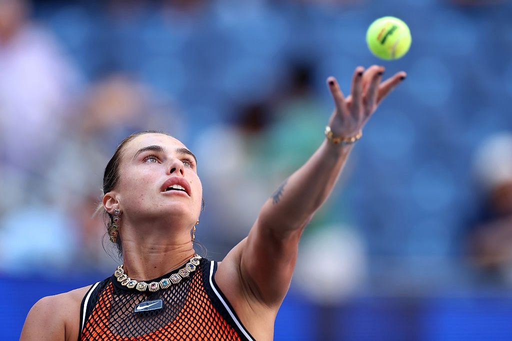 Aryna Sabalenka serves in a practice session during Fan Week at the USTA Billie Jean King National Tennis Center on August 25, 2026.