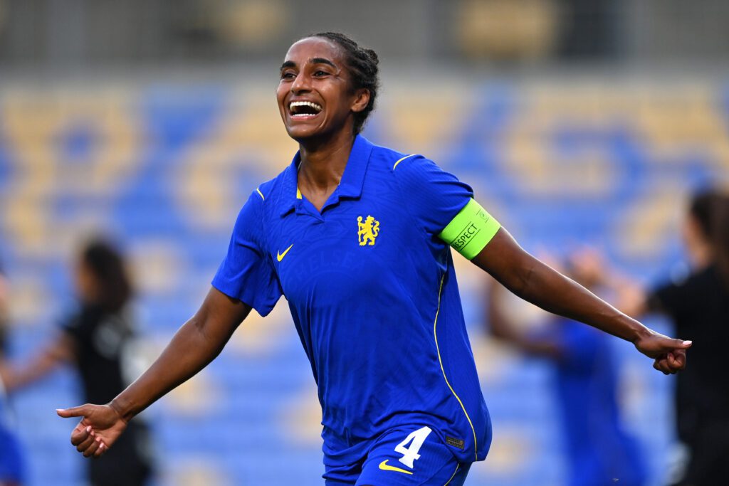 Naomi Girma of Chelsea celebrates scoring her team’s first goal during the UEFA Women's Champions League Third Qualifying Round First Leg match between Chelsea and Real Sociedad on August 26, 2026 in Wimbledon, England.