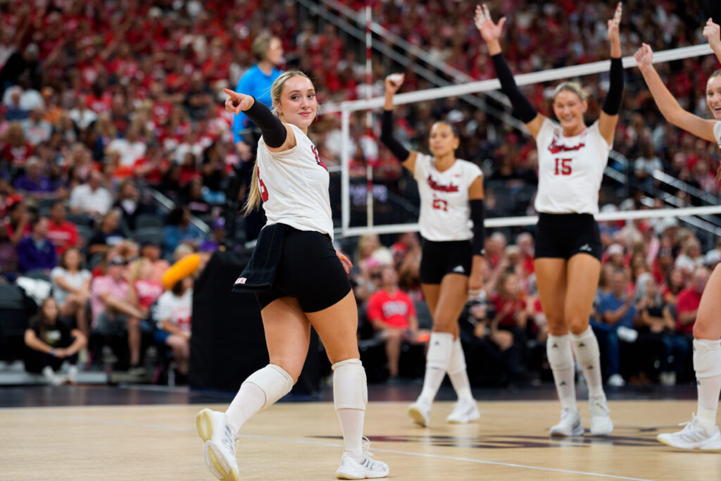 Laney Choboy #6 of the Nebraska Cornhuskers reacts during the Players Era Volleyball Showcase: Nebraska v Texas at T-Mobile Arena.