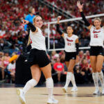 Laney Choboy #6 of the Nebraska Cornhuskers reacts during the Players Era Volleyball Showcase: Nebraska v Texas at T-Mobile Arena.