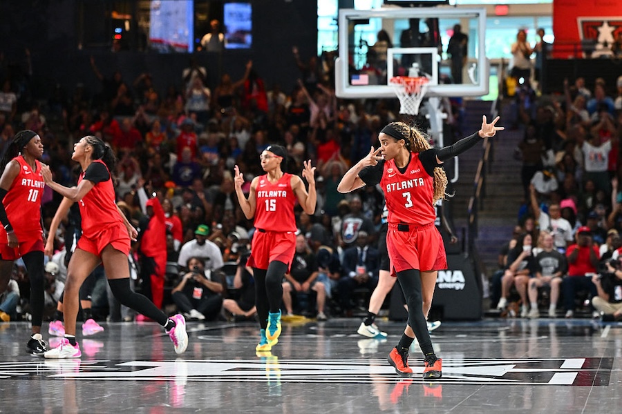 Jordin Canada #3 of the Atlanta Dream celebrates during the game against the Minnesota Lynx on August 30, 2026.