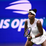 Venus Williams in action against Sofia Kenin during a Women's Singles match on Day One of the 2026 US Open at USTA Billie Jean King National Tennis Center.