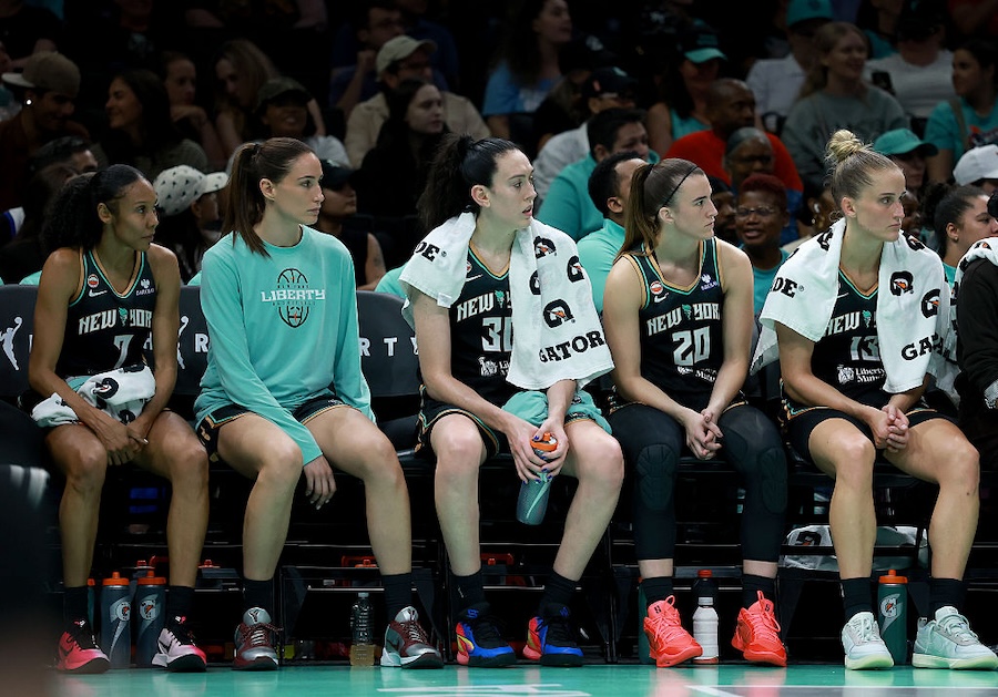 The New York Liberty bench reacts late in the fourth quarter against the Golden State Valkyries at Barclays Center on August 27, 2026 in the Brooklyn borough of New York City. The Golden State Valkyries defeated the New York Liberty