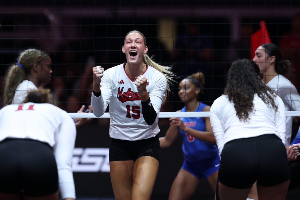 Andi Jackson #15 of the Nebraska Cornhuskers reacts after winning the first set against the SMU Mustangs in game 3 of Spikes Under the Lights at AT&T Stadium on August 27, 2026 in Arlington, Texas.