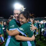 Yuzuki Yamamoto #18 of Denver Summit FC celebrates with teammate Lindsey Heaps #10 after winning the NWSL match between Denver Summit FC and Chicago Stars FC.