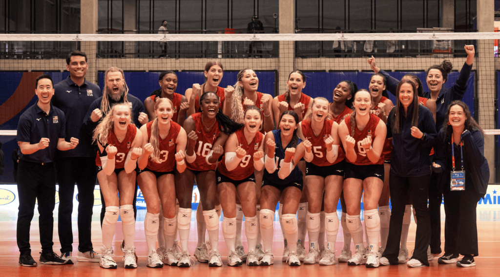 U17 Girls USA Volleyball team poses together.