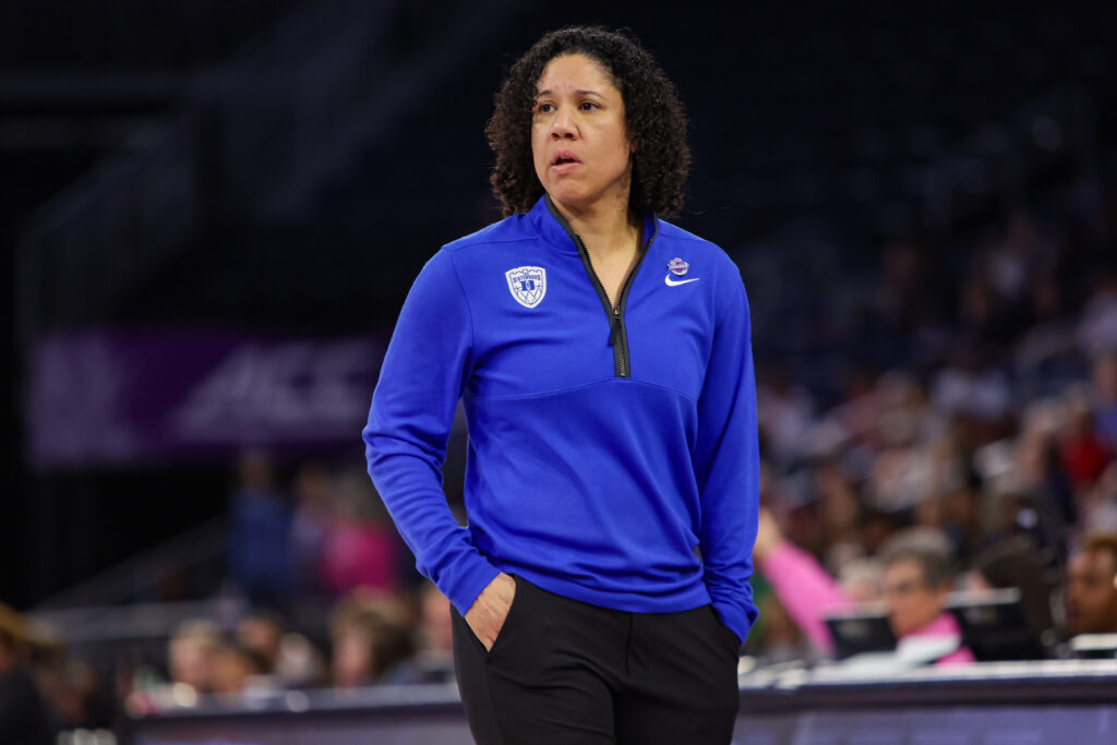 Duke Blue Devils head coach Kara Lawson on the sideline against the Notre Dame Fighting Irish in the first quarter at Gas South Arena.