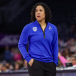 Duke Blue Devils head coach Kara Lawson on the sideline against the Notre Dame Fighting Irish in the first quarter at Gas South Arena.