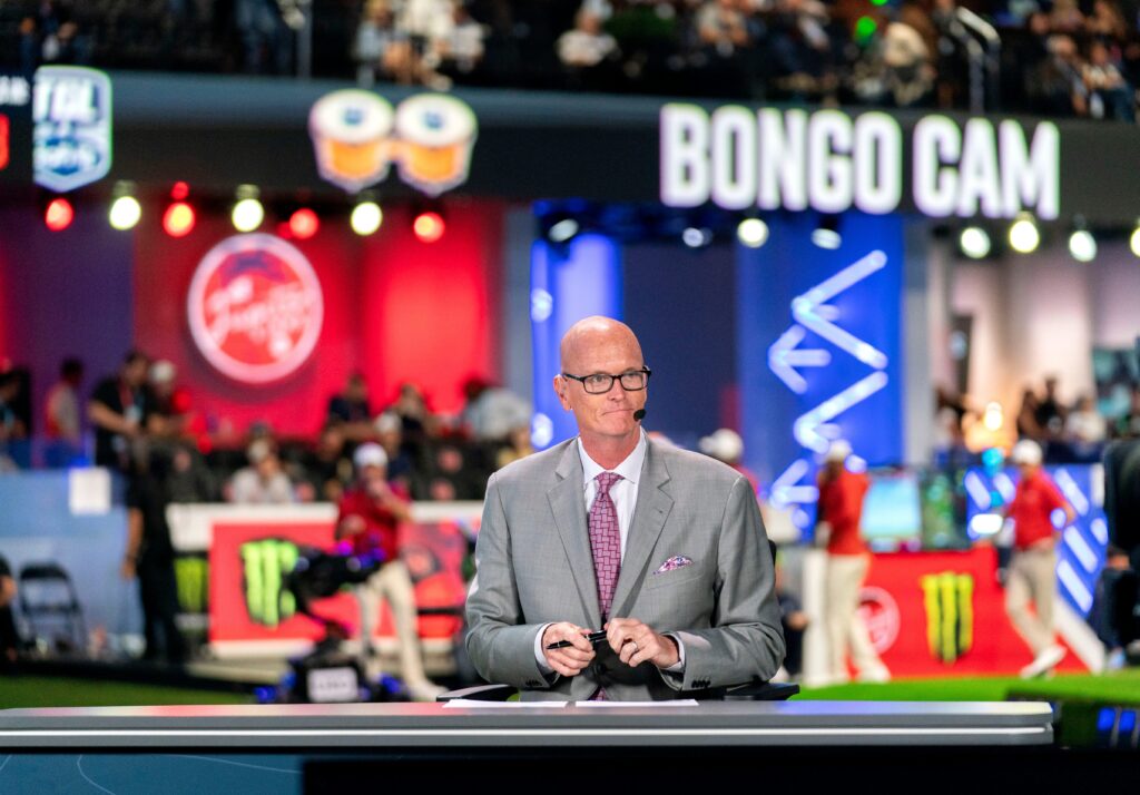 Scott Van Pelt of ESPN goes on air during Jupiter Links GC and Los Angeles Golf Club match in the TGL finals at SoFi Center on March 23, 2026, in Palm Beach Gardens, Florida.