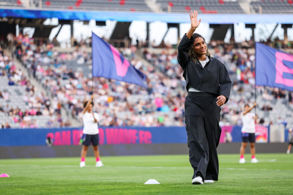San Diego Wave FC forward Catarina Macario (20) is introduced at halftime against Chicago Stars FC after signing with the team on Friday, March 27 at Snapdragon Stadium. =