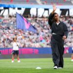 San Diego Wave FC forward Catarina Macario (20) is introduced at halftime against Chicago Stars FC after signing with the team on Friday, March 27 at Snapdragon Stadium. =