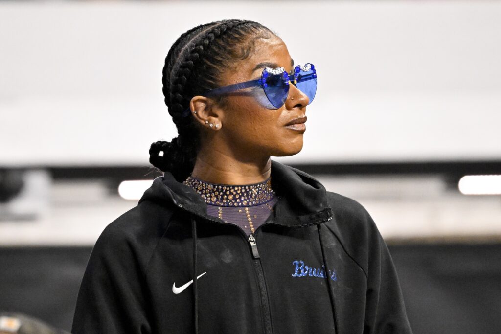 UCLA gymnast Jordan Chiles looks on after the semifinals for the 2026 NCAA Women’s Gymnastics National Championships at Dickies Arena.