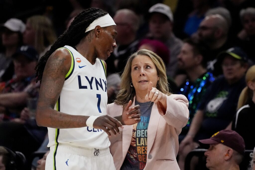 Minnesota Lynx head coach Cheryl Reeve directs forward Natasha Howard (1) against the Chicago Sky in the first quarter at Target Center.