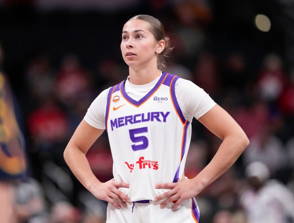Phoenix Mercury guard Shay Ciezki (5) walks up the court Monday, June 22, 2026, during the game at Gainbridge Fieldhouse in Indianapolis.