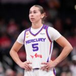 Phoenix Mercury guard Shay Ciezki (5) walks up the court Monday, June 22, 2026, during the game at Gainbridge Fieldhouse in Indianapolis.