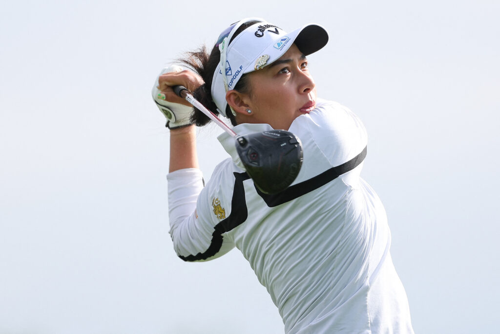 Jeeno Thitikul hits her tee shot on the third hole during the second round of the KPMG Women's PGA Championship golf tournament.