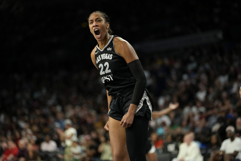 Las Vegas Aces center A'ja Wilson (22) reacts after scoring against the Indiana Fever during the third quarter of a WNBA basketball game at Michelob Ultra Arena.