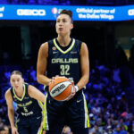 Dallas Wings forward Jessica Shepard (32) shoots a free throw during the first half against the Los Angeles Sparks at College Park Center.