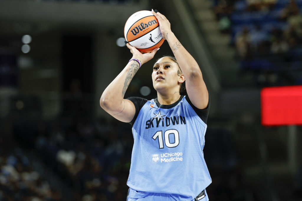 Chicago Sky center Kamilla Cardoso (10) shoots a free throw against the Connecticut Sun during the second half of a WNBA game at Wintrust Arena.