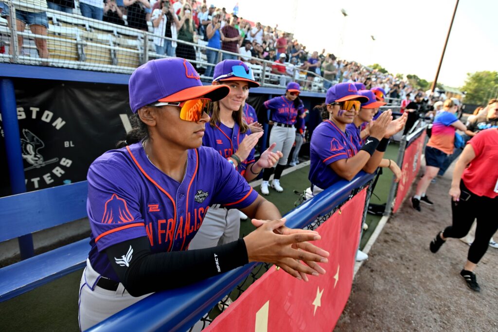 San Francisco Firebells players before a WPBL game with the Boston Hunters at Robin Roberts Stadium.