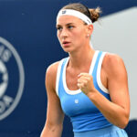 Marta Kostyuk (UKR) reacts after winning a point against Madison Keys (USA) during third round play at Sobeys Stadium.