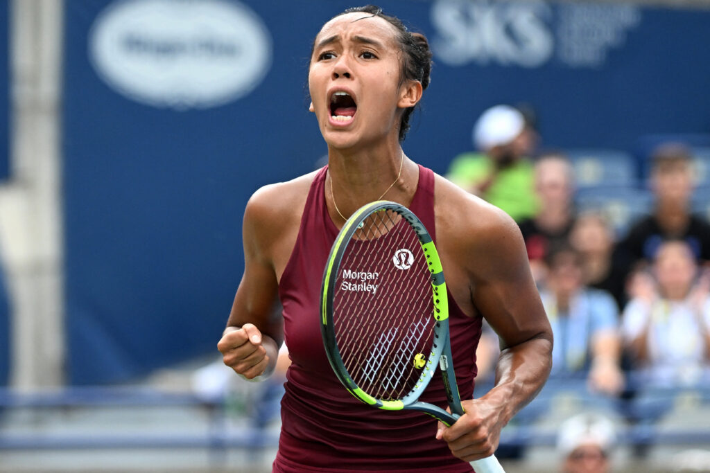 Leylah Fernandez (CAN) reacts after defeating Mirra Andreeva during third round play at Sobeys Stadium.