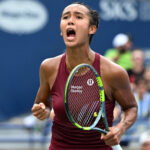 Leylah Fernandez (CAN) reacts after defeating Mirra Andreeva during third round play at Sobeys Stadium.