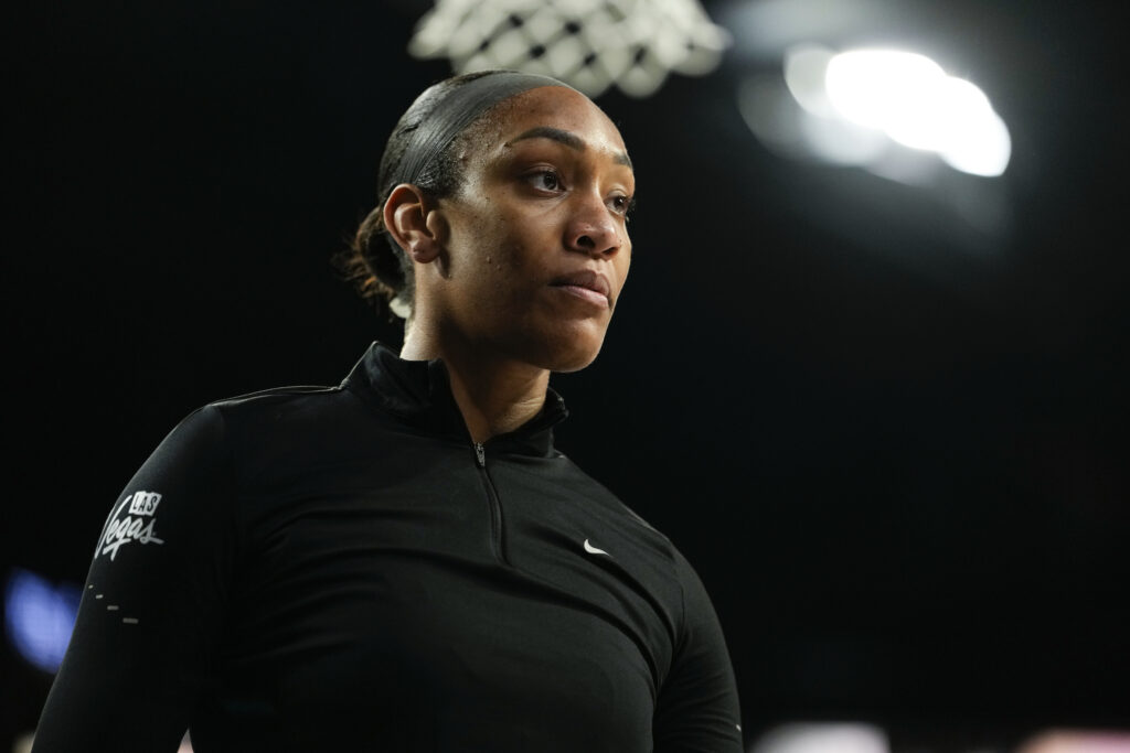 Las Vegas Aces center A'ja Wilson (22) warms up prior to a WNBA basketball game against the Washington Mystics.