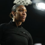 Las Vegas Aces center A'ja Wilson (22) warms up prior to a WNBA basketball game against the Washington Mystics.