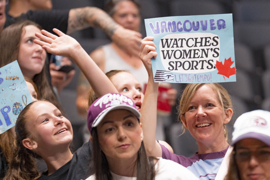 Fans in the stands prior to the start of a game between the Toronto Tempo and Portland Fire at Rogers Arena.