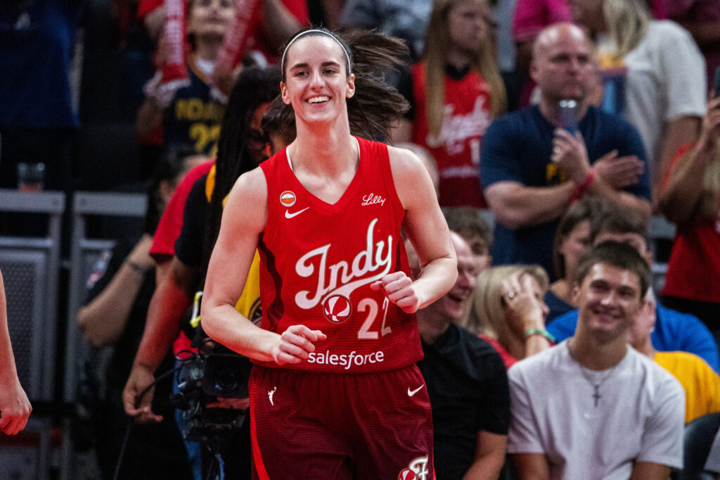 Indiana Fever guard Caitlin Clark (22) before the game against the Connecticut Sun at Gainbridge Fieldhouse.